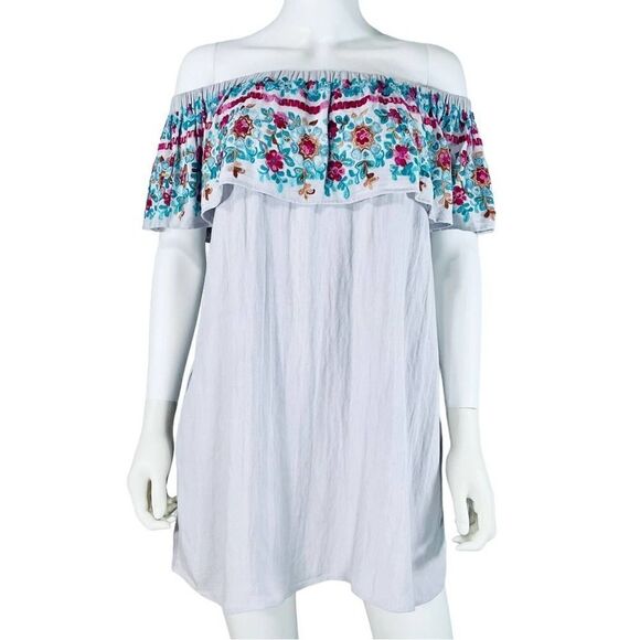 The Impeccable Pig Floral Embroidered Off-the -shoulder Mini Dress - Picture 1 of 9